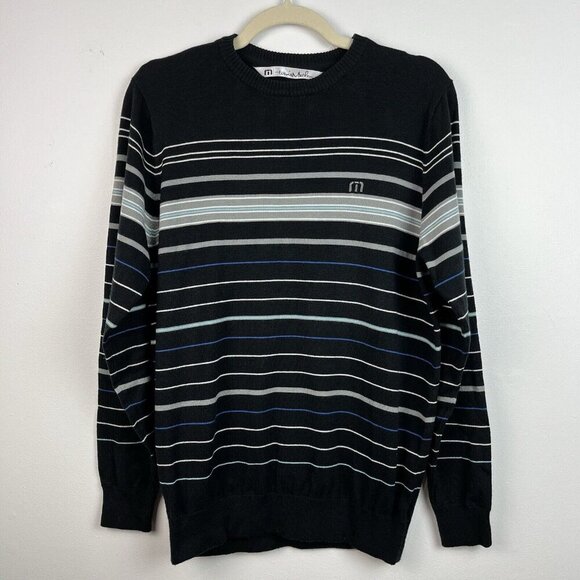 Travis Mathew Sweater Men’s M Black Striped Crew‎ Neck Pullover Golf Lightweight - Picture 1 of 10